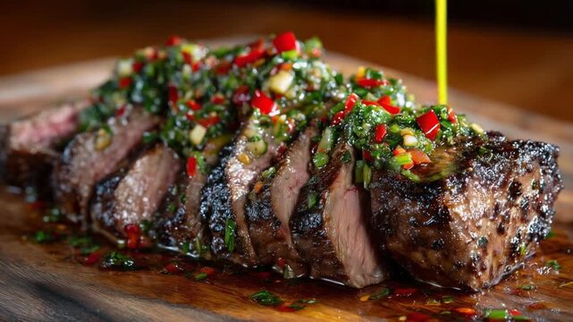 Mouthwatering grilled tri-tip steak with garlic chimichurri and chili slices, captured in rich food photography.