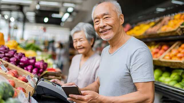 Happy senior couple making a contactless payment for fresh produce using a smartphone at a grocery store
