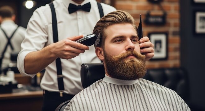 Barber trimming a bearded man's beard with electric clippers in a modern barbershop, showcasing male grooming, style, and self-care.

 - Powered by Adobe