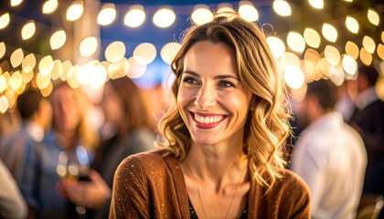 Fototapeta premium A happy woman smiles at a gathering