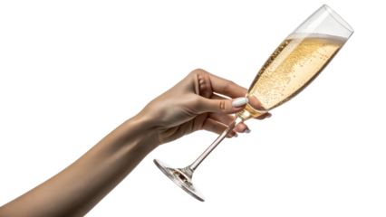 Photo of womans hand holding a champagne flute filled with sparkling wine, isolated on transparent background