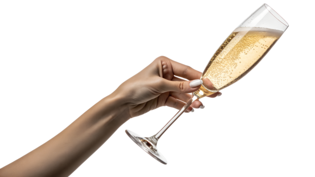 Photo of womans hand holding a champagne flute filled with sparkling wine, isolated on transparent background