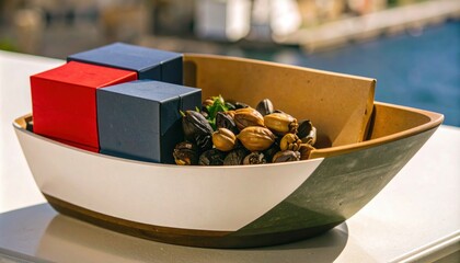 Decorative Boat with Seed Pods, Paper, and Boxes