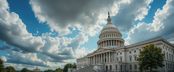 Fototapeta premium Historic legislative building washington d.C. Architectural photography clear sky wide angle government significance