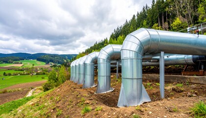 Elevated Steel Pipes Across Hillside Landscape