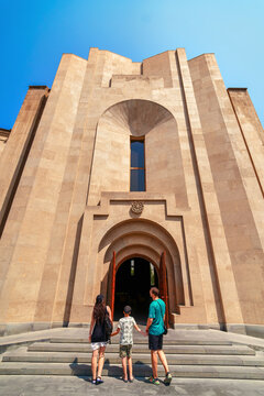 tourists in front of the cathedral in Yerevan city, Armenia
