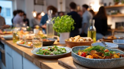 An image of a busy kitchen during a party, with a variety of colorful dishes on the counter and people mingling in the background