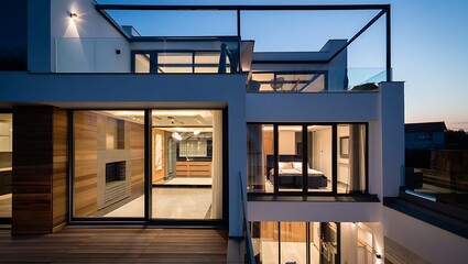 Modern architecture marvel a multi story house with balconies and outdoor living spaces bathed in twilight glow showcasing luxury design