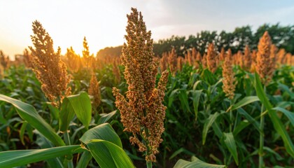 Field of Sorghum Plants at Dusk