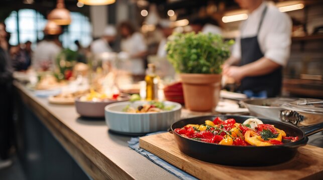 An image of a busy kitchen during a party, with a variety of colorful dishes on the counter and people mingling in the background
