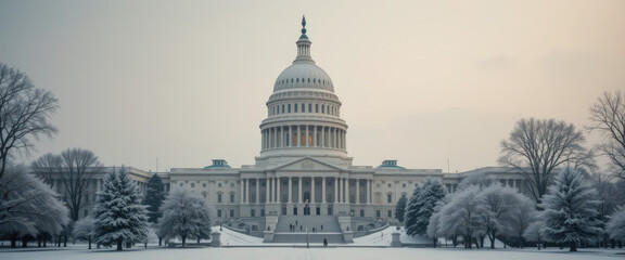 Fototapeta premium Snowy winter scene capturing the u.S. Capitol building tranquil landscape photography wide angle view of architectural beauty