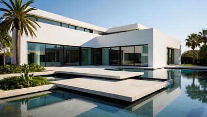 Fototapeta premium Modern architecture showcases a luxurious white villa with reflecting pool and palm trees under clear blue sky offering serene contemporary living