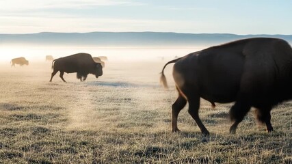 Herd of bison grazing in a misty landscape, suitable for nature blogs, articles, travel brochures, wildlife conservation materials. - Powered by Adobe