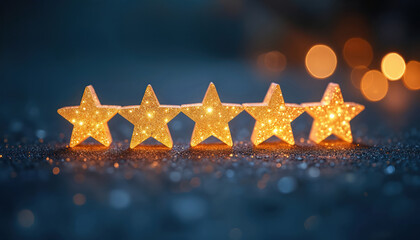 Five golden stars arranged in row on dark surface, with glowing bokeh lights in background. Illustration top quality, excellent customer satisfaction, business success, representing achievement,