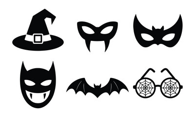 Halloween Makeup and Costume Accessories Black Silhouette Vector Set, Witch Hat, Vampire Fangs, Spooky Mask, Bat Wings & Spider Web Glasses