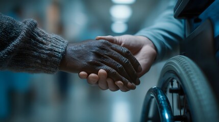 Healthcare worker comforting patient in wheelchair with a compassionate handshake