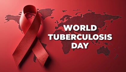 Red awareness ribbon World Tuberculosis Day on deep red background with world map texture. Graphic promotes lung health, disease prevention, global health care initiatives. Represents awareness
