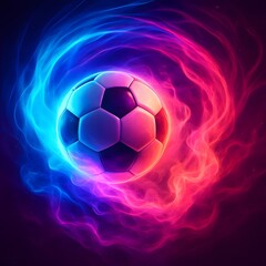 Fototapeta premium A glowing neon soccer ball floating inside vibrant swirling energy clouds, futuristic abstract sports concept, perfect for modern sports designs.