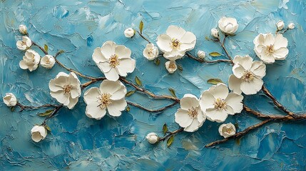 Blossoming white flowers against a textured blue sky evoking feelings of peace and serenity artfully