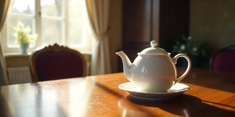 Elegant white teapot bathed in warm sunlight on a wooden table