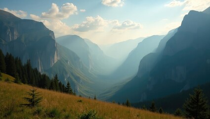 Obraz premium Mountain valley vista with hazy atmosphere.