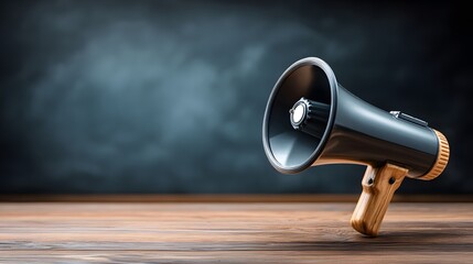Black megaphone on wooden surface against dark background.