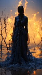 Evil witch spirit made of smoke in a black dress in a cursed desert.