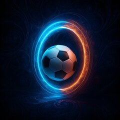 Naklejka premium A football emerging from a glowing sci-fi portal surrounded by fractal patterns and neon lights.
