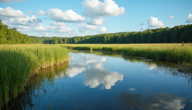 Rich green wetland scenery with reeds reflected in calm water under a blue sky with white clouds. This natural ecosystem showcases biodiversity and supports critical water cycle functions.