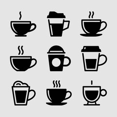 Obraz premium Collection of nine black coffee cup icons in silhouette isolated on white background