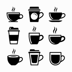 Obraz premium Collection of hot beverage cups and coffee mugs silhouette icons isolated on white background