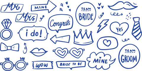 Party Speech Bubble and Icon Doodle Set – Celebration, Wedding, Fun, Hand Lettering, Graphic Elements, Vector Sketch