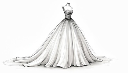 Obraz premium Elegant wedding dress sketch design inspiration. Features strapless bodice with delicate ruching, voluminous ballgown skirt with long train. Illustration style modern, clean, suitable for bridal