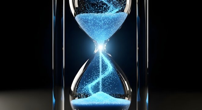 Glowing Hourglass with Blue Particles, Time Concept, Dark Background. - Powered by Adobe