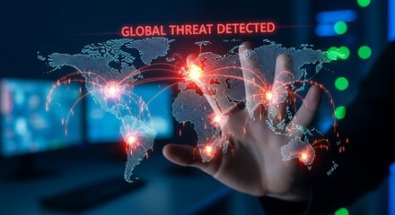Global network security alert with a digital map highlighting detected worldwide threats