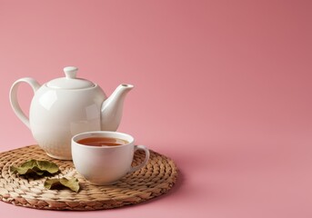 Fototapeta premium Cozy tea time with a slice of cake on a pink background