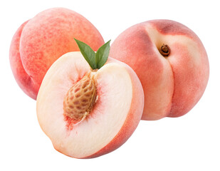 Ripe peaches with white flesh and green leaf isolated on white background fresh juicy and appetizing
