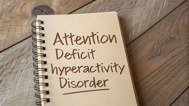 Attention deficit hyperactivity disorder ADHD concept. Neurodevelopmental disorder characterized by inattention and impulsivity and hyperactivity. Inscription in notebook
