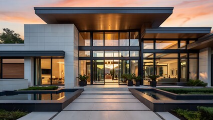 Fototapeta premium Modern Luxury Home Exterior at Sunset Featuring Contemporary Architecture and Landscaping Enhancing Curb Appeal and Design