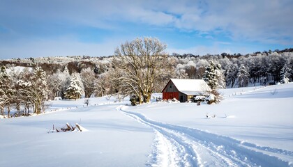 Snowy Winter Landscape with Rustic Red Barn