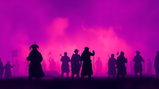 naa dam festival Silhouetted figures with flags and weapons stand against a vibrant pink and purple sky