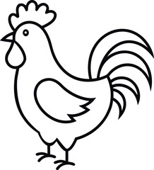 Stylized Rooster Line Drawing with Prominent Tail Feathers Vector