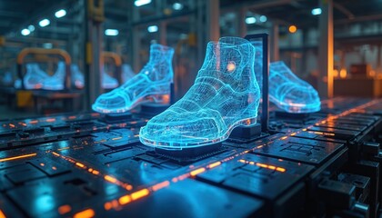 3D wireframe models of shoes displayed on futuristic assembly line. Digital twin technology simulates, optimizes footwear production processes. Advanced manufacturing uses virtual models for