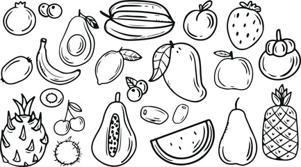  Fruit Doodle Vector Set – Watermelon, Banana, Avocado, Pear, Apple, Healthy Food, Hand Drawn, Summer, Vegetarian Design