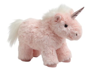 PNG of A soft pink unicorn plush toy with a shiny horn and fluffy mane, perfect for cuddling and imaginative play. - on Transparent or White BG