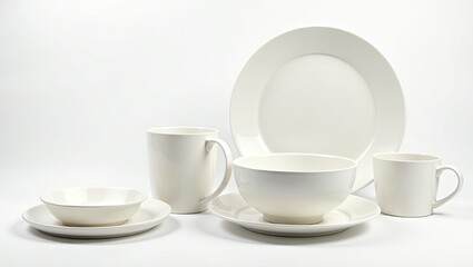 Fototapeta premium White ceramic tableware set against a plain background.