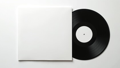 Minimalist illustration of blank white vinyl record sleeve next to black vinyl disc. Perfect for music promotion, album art, vintage design concepts. Clean white background offers ample space for