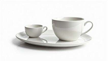 Obraz premium Two matching white ceramic cups and saucers on a tray.