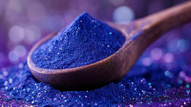 Macro close-up of vibrant blue butterfly pea flower powder in a wooden spoon, with sparkling texture and bokeh background, perfect for culinary, beverage, and cosmetic uses.