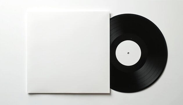 Minimalist illustration of blank white vinyl record sleeve next to black vinyl disc. Perfect for music promotion, album art, vintage design concepts. Clean white background offers ample space for